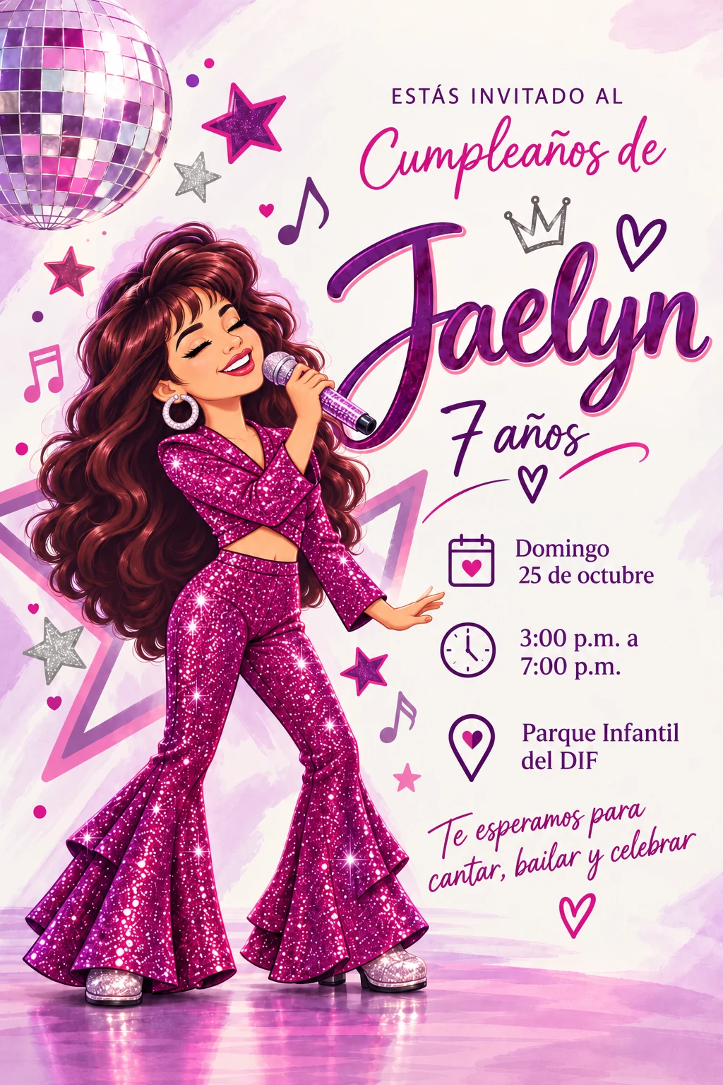 Invitación ilustrada para los 7 años de Jaelyn, con una cantante de cabello largo, traje fucsia y micrófono; contiene fecha, horario y lugar.